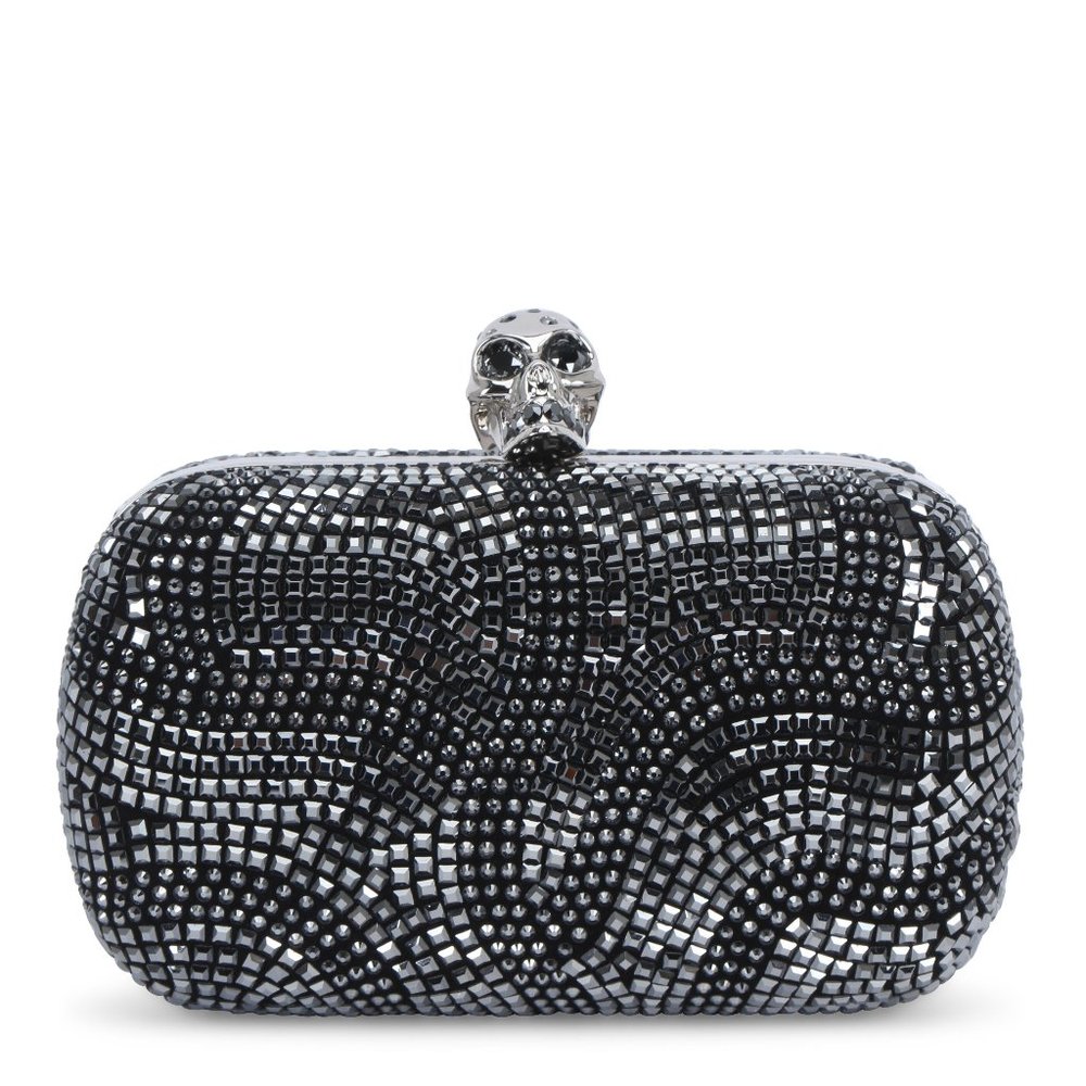 ALEXANDER MCQUEEN Gunmetal Crystal Embellished Skull Clutch